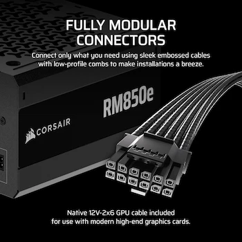 Imagen 4 de Corsair RM850e (2025) Fuente de Alimentación ATX Totalmente Modular, Serie RMe, 850W, Color Negro, Modelo CP-9020296-NA, Tamaño 150x140x86 mm
