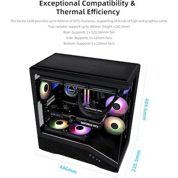 Imagen 3 de Lian Li Vector V100 Black – ARGB Full Tower ATX/mATX/ITX Case Pro Gaming Look