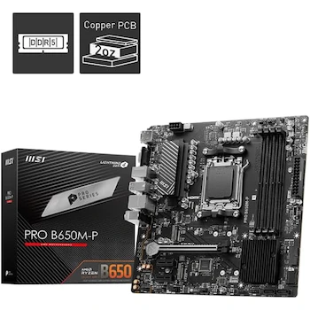 Imagen de referencia para MSI PRO B650M-P ProSeries Motherboard, Black, mATX, 244mm x 244mm, AMD B650 Chipset, AM5 Socket, DDR5 up to 256GB, AMD Ryzen 9000/8000/7000 Series Desktop Processors