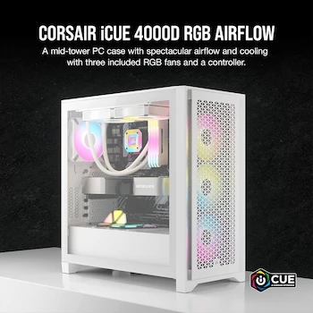 Imagen 2 de Corsair iCUE 4000D RGB Airflow Semitorre Mid-Tower, 3 Ventiladores AF120 RGB Elite, Controlador iCUE Lighting Node Pro, Blanco Verdadero