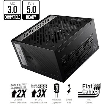 Imagen 3 de MSI MPG A1000G PCIE 5 & ATX 3.0 Fuente de alimentación para Juegos, Color Negro, Modelo MPG A1000G, Serie MPG, Capacidad 1000W, Formato ATX, Tamaño 29.21 x 24.13 x 13.72 cm
