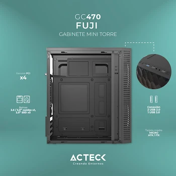 Imagen 3 de Gabinete Compacto Mini Torre Fuji GC470 MAX MB M-ATX Fuente ATX 500W 1xUSB 3.0 + 2xFan RGB Panel Izq Acrilico Frente Malla Negro