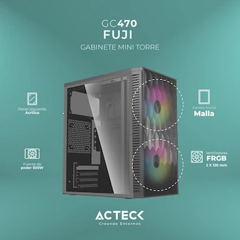 Imagen 4 de Gabinete Compacto Mini Torre Fuji GC470 MAX MB M-ATX Fuente ATX 500W 1xUSB 3.0 + 2xFan RGB Panel Izq Acrilico Frente Malla Negro
