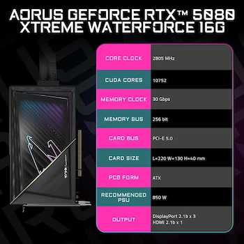 Imagen 2 de GIGABYTE AORUS GeForce RTX 5080 Xtreme WATERFORCE 16G GV-N5080AORUSX W-16GD Tarjeta Gráfica 16GB GDDR7
