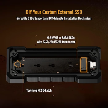 Imagen 3 de ASUS TUF Gaming A2 - Carcasa SSD Portátil Negra, USB-C 3.2 Gen 2x2, Soporte Doble M.2 NVMe PCIe y SATA 2242/2260/2280 hasta 4TB, Chasis de Aleación de Aluminio, Dimensiones 116.22x55.65x15.3 mm, Peso 148 g