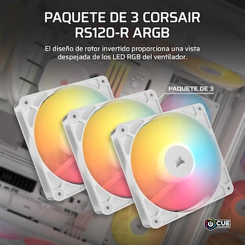 Imagen 2 de Corsair RS120-R ARGB 120mm PWM Ventilador Flujo Inverso – Conexiones ARGB de +5V, 8 LED RGB, Cadena Daisy, 120 x 120 x 25 mm, Pack de 3 – Blanco, Modelo CO-9050197-WW, ASIN B0F8QXB9DG