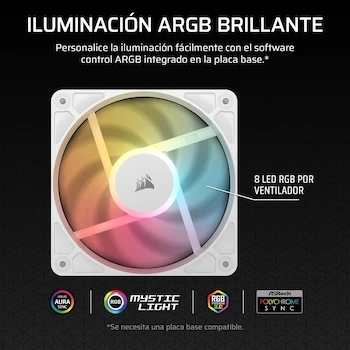 Imagen 4 de Corsair RS120-R ARGB 120mm PWM Ventilador Flujo Inverso – Conexiones ARGB de +5V, 8 LED RGB, Cadena Daisy, 120 x 120 x 25 mm, Pack de 3 – Blanco, Modelo CO-9050197-WW, ASIN B0F8QXB9DG