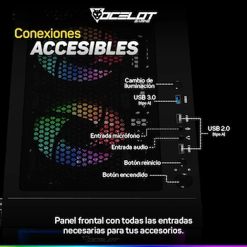 Imagen 5 de OCELOT GAMING Gabinete Gamer Portal-M4, ATX/Micro-ATX/ITX, Negro, 330x212x470mm, Chasis 0.5mm, Cristal Templado Frontal/Lateral, 3 Ventiladores ARGB, 1x3.5" HDD, 2x2.5" SSD, 7 Ranuras PCI