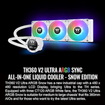 Imagen 2 de Thermaltake TH360 V2 Ultra ARGB Sync All-In-One Liquid Cooler Snow Edition, 360mm Radiator, 3x120mm CT120 ARGB Fans, 2.1" LCD Water Block, White, Model CL-W405-PL12SW-A