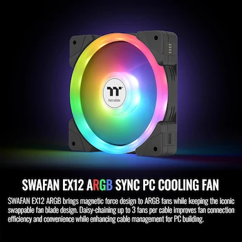 Imagen 2 de Thermaltake SWAFAN EX12 ARGB Sync PC Cooling Fan TT Premium Edition, 3-Pack, 120mm, Cuchillas Invertibles, Conexión Magnética, Negro, Modelo CL-F167-PL12SW-A