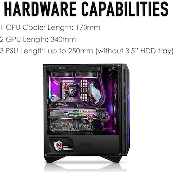 Imagen 5 de MSI MPG GUNGNIR Series 111R Mid-Tower PC Case, Black, ATX/mATX/ITX, 430x215x480mm, 2x2.5"/2x3.5" Bays, 7 Slots, GPU 340mm, CPU 170mm, PSU 250mm