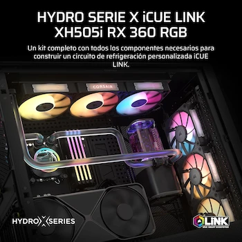 Imagen 2 de CORSAIR iCUE LINK XH505i RX360 RGB Kit de Refrigeración Personalizada Hydro X Series – Bloque XC7 ELITE, Bomba y Depósito XD6 ELITE, 3x RX120 RGB, Radiador XR5 360 mm, System Hub – Negro