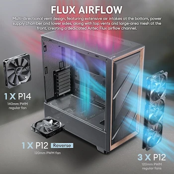 Imagen 4 de Antec Flux Wood Mid-Tower E-ATX, 5 Ventiladores PWM Incluidos, Panel Frontal Alto Flujo con Nogal, Tipo C, Soporte Radiador 420 mm, Placas Base Back-Connect