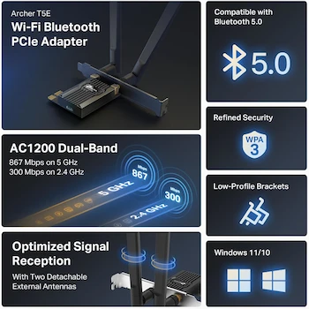 Imagen 2 de Tarjeta de Red Inalámbrica TP-Link Archer T5E AC1200 PCIe WiFi para PC con Bluetooth 4.2, Color Negro, Modelo Archer T5E, Serie Archer, Dimensiones 12.09 x 8.33 x 2.16 cm