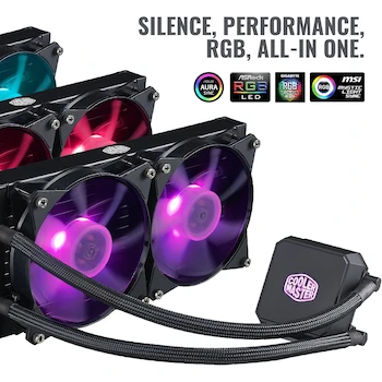 Imagen 2 de Cooler Master MasterLiquid LC240E RGB All-in-One Close-Loop AIO Liquid CPU Cooler, Dual Chamber RGB Pump, 240mm Radiator (277 x 119.6 x 27 mm), Dual MF120R 120mm RGB Fans, Multicolor RGB Lighting, Black, Model MLA-D24M-A18PC-R1