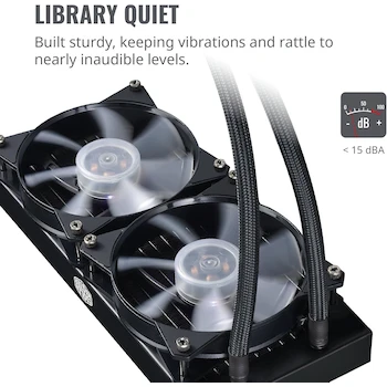 Imagen 4 de Cooler Master MasterLiquid LC240E RGB All-in-One Close-Loop AIO Liquid CPU Cooler, Dual Chamber RGB Pump, 240mm Radiator (277 x 119.6 x 27 mm), Dual MF120R 120mm RGB Fans, Multicolor RGB Lighting, Black, Model MLA-D24M-A18PC-R1