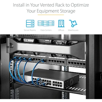 Imagen 5 de StarTech CABSHELFV Charola Fija Cantilever Ventilada Universal Negra para Gabinete Rack de Servidores de 19" 2U 16" de Profundidad Capacidad 22 Kg