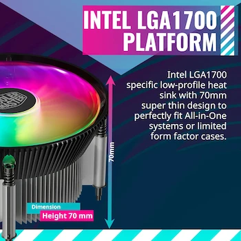 Imagen 2 de Cooler Master i70C LGA1700 ARGB Negro - Enfriador de Aire CPU Low-Profile Intel, Aletas Aluminio Anodizado Negro, Base Cobre, Ventilador 120mm ARGB 3-Pin