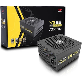 Imagen 2 de InWin VE85, Fuente de Alimentación para PC Gaming de 850W, ATX 3.0/PCI-E 5.0 con Conector True 450W 12VHPWR, Lista para NVIDIA RTX 40 Series, 80 Plus Gold, Modo Ventilador Cero, Totalmente Modular