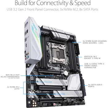 Imagen 3 de ASUS Prime X299-A II ATX Motherboard (Intel X299 Chipset, LGA 2066 Socket, DDR4 up to 4266 MHz, Max 256GB Memory, Black with Silver Accents, Size 30.5 cm x 24.4 cm)