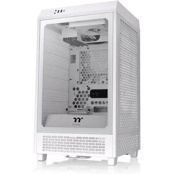 Imagen de referencia para Thermaltake Tower 200 Snow Mini Tower Chassis, Mini-ITX Form Factor, Color White, Model CA-1X9-00S6WN-00, Dimensions 537 x 300 x 280 mm (21.14 x 11.8 x 11 in), Net Weight 7.7 kg (16.98 lbs), Material SPCC, Panel 3mm Tempered Glass x1