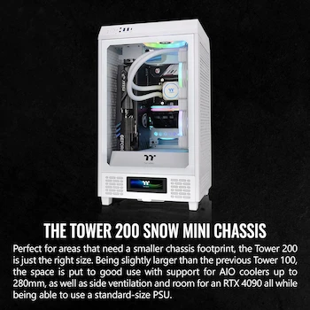 Imagen 2 de Thermaltake Tower 200 Snow Mini Tower Chassis, Mini-ITX Form Factor, Color White, Model CA-1X9-00S6WN-00, Dimensions 537 x 300 x 280 mm (21.14 x 11.8 x 11 in), Net Weight 7.7 kg (16.98 lbs), Material SPCC, Panel 3mm Tempered Glass x1