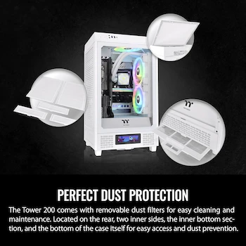 Imagen 5 de Thermaltake Tower 200 Snow Mini Tower Chassis, Mini-ITX Form Factor, Color White, Model CA-1X9-00S6WN-00, Dimensions 537 x 300 x 280 mm (21.14 x 11.8 x 11 in), Net Weight 7.7 kg (16.98 lbs), Material SPCC, Panel 3mm Tempered Glass x1