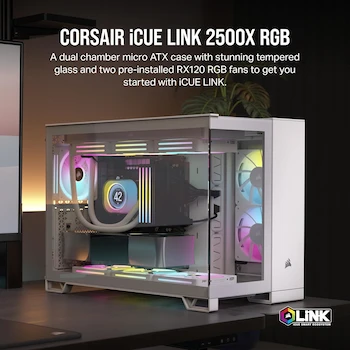 Imagen 2 de CORSAIR iCUE LINK 2500X RGB Pequeña-Torre mATX Caja de PC Doble Cámara Cristal Templado Panorámico Compatible Placa Base Conexión Inversa 2x Ventiladores RX120 RGB Incluidos Blanco