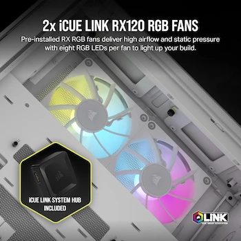 Imagen 4 de CORSAIR iCUE LINK 2500X RGB Pequeña-Torre mATX Caja de PC Doble Cámara Cristal Templado Panorámico Compatible Placa Base Conexión Inversa 2x Ventiladores RX120 RGB Incluidos Blanco