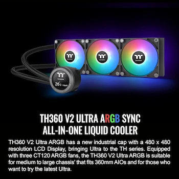 Imagen 2 de Thermaltake TH360 V2 Ultra ARGB Sync AIO Liquid Cooler - Radiador 360mm - 3 Ventiladores ARGB 120mm - Bloque de Agua LCD 2.1" - Negro - CL-W384-PL12SW-A