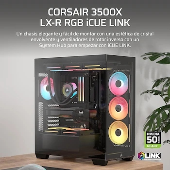 Imagen 2 de Corsair 3500X LX-R RGB iCUE Link Caja de PC Semitorre, Modelo CC-9011324-WW, Color Negro, Dimensiones 506x460x240 mm, Soporta Placas Base Mini-ITX a E-ATX, Capacidad hasta 10 Ventiladores 120mm, Bahías 2x3.5" y 2x2.5"