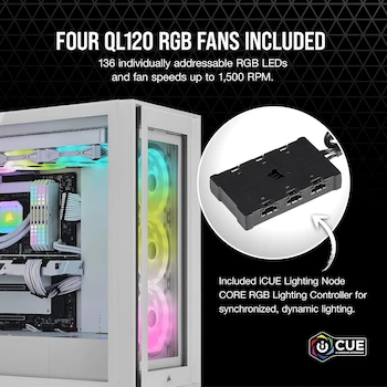 Imagen 3 de Corsair iCUE 5000X RGB QL Edition Mid-Tower ATX Case - True White - 4x QL120 RGB Fans - Lighting Node CORE