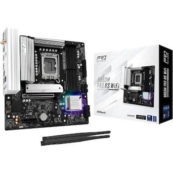Imagen alusiva al producto ASRock B860M Pro RS WiFi 6E Micro ATX Placa Base para Procesadores Intel Core Ultra Series 2 Socket LGA1851 Chipset Intel B860 Memoria DDR5 hasta 256GB 4 Ranuras DIMM Ranuras M.2 PCIe Puertos SATA3 LAN 2.5G Bluetooth 5.3