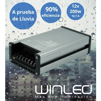 Imagen 3 de WINLED WEL-007 Fuente de Poder Slim Aluminio Impermeable IP63, Entrada AC 90-260V 50/60Hz, Salida DC 12V 16.67A 200W, Dimensiones 181x103x50mm, Peso 494g