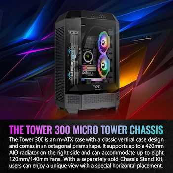 Imagen 2 de Thermaltake Tower 300 - Funda Micro ATX Negra con 2 Ventiladores CT de 140 mm Incluidos, Soporte Radiador hasta 420 mm, Kit de Soporte Chasis Opcional para Visualización Horizontal - CA-1Y4-00S1WN-00