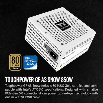 Imagen 2 de Thermaltake Toughpower GF A3 Snow Edition 850W 80+ Gold ATX 3.0 Fuente de Alimentación Blanca, Conector PCIe Gen.5 450W 12VHPWR Incluido, Modelo TTP-0850AH2FLG, Serie GF A3 850 White, Parte PS-TPD-0850FNFAGU-N, Garantía 10 Años