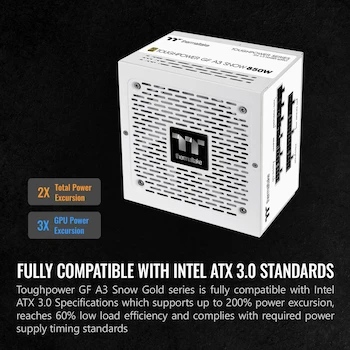Imagen 3 de Thermaltake Toughpower GF A3 Snow Edition 850W 80+ Gold ATX 3.0 Fuente de Alimentación Blanca, Conector PCIe Gen.5 450W 12VHPWR Incluido, Modelo TTP-0850AH2FLG, Serie GF A3 850 White, Parte PS-TPD-0850FNFAGU-N, Garantía 10 Años