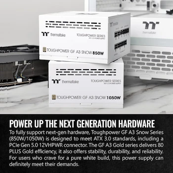 Imagen 4 de Thermaltake Toughpower GF A3 Snow Edition 850W 80+ Gold ATX 3.0 Fuente de Alimentación Blanca, Conector PCIe Gen.5 450W 12VHPWR Incluido, Modelo TTP-0850AH2FLG, Serie GF A3 850 White, Parte PS-TPD-0850FNFAGU-N, Garantía 10 Años