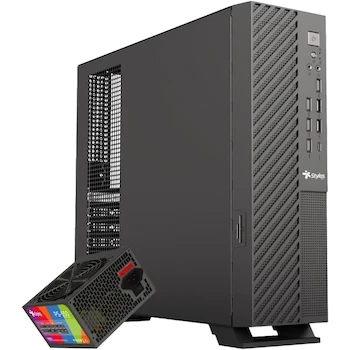 Imagen alusiva al producto Gabinete Oficina Mince Slim ITX Stylos Negro con 4xUSB 2.0 + 2xUSB 3.0 + 1xTipo C + Puerto 3.5mm y Fuente de Poder 550W STGAMN1B