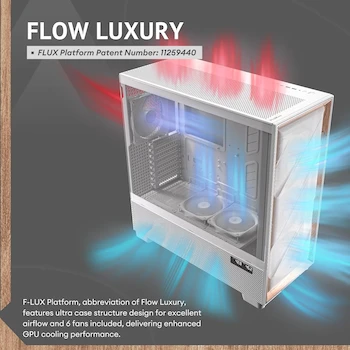 Imagen 2 de Antec Flux Pro White, Gabinete Full Tower E-ATX, 6 Ventiladores PWM Incluidos, Panel Frontal Alto Flujo con Madera de Abedul, PSU iShift 90°, USB 3.0 x2 + Tipo C