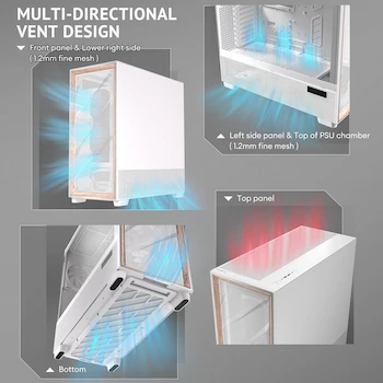 Imagen 4 de Antec Flux Pro White, Gabinete Full Tower E-ATX, 6 Ventiladores PWM Incluidos, Panel Frontal Alto Flujo con Madera de Abedul, PSU iShift 90°, USB 3.0 x2 + Tipo C