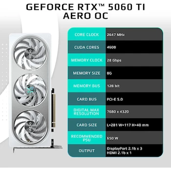 Imagen 2 de GIGABYTE GeForce RTX 5060 Ti Aero OC 8G Tarjeta Gráfica GV-N506TAERO OC-8GD 8 GB GDDR7