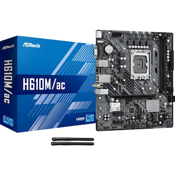 Imagen de referencia para Tarjeta Madre ASRock H610M/AC con WiFi AC Micro ATX Socket LGA1700 Chipset Intel H610 Color Negro Serie H610 2 Ranuras DDR4 Máxima Capacidad 64GB Soporta Procesadores Intel Core de 14ª, 13ª y 12ª Generación
