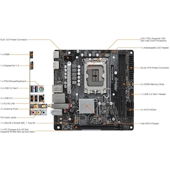Imagen 2 de Tarjeta Madre ASRock H610M/AC con WiFi AC Micro ATX Socket LGA1700 Chipset Intel H610 Color Negro Serie H610 2 Ranuras DDR4 Máxima Capacidad 64GB Soporta Procesadores Intel Core de 14ª, 13ª y 12ª Generación