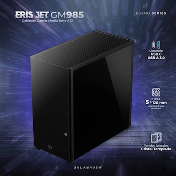 Imagen 3 de Balam Rush Gabinete Gamer Media Torre Eris Jet GM985 Negro Laterales Cristal Frente Solido MAX MB ATX 1xUSB 3.0 + 1x USB Tipo C Full Color Box