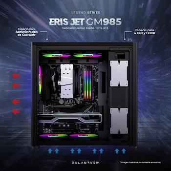 Imagen 5 de Balam Rush Gabinete Gamer Media Torre Eris Jet GM985 Negro Laterales Cristal Frente Solido MAX MB ATX 1xUSB 3.0 + 1x USB Tipo C Full Color Box