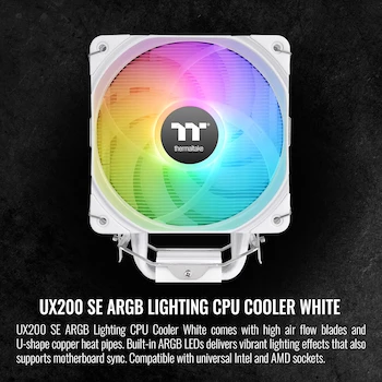 Imagen 2 de Thermaltake UX200 SE Blanca Enfriador de CPU 170W 15 LED Direccionables 16.8M Colores Modelo CL-P116-AL12SW-A Tamaño 12x2.5x12cm Compatible Intel LGA1700/1200/1156/1155/1151/1150 AMD AM5/AM4/FM2/FM1/AM3+/AM3/AM2+/AM2