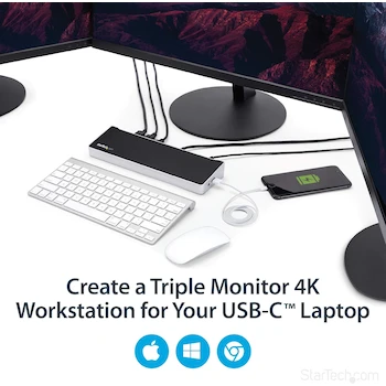Imagen 2 de StarTech.com Estación de Acoplamiento USB-C Triple Monitor con HDMI y DisplayPort, Modelo DK30CH2DPPD, Color Negro y Gris Espacial, Capacidad Carga 60W, Dimensiones 26.9x8.1x3.3 cm, Serie TAA