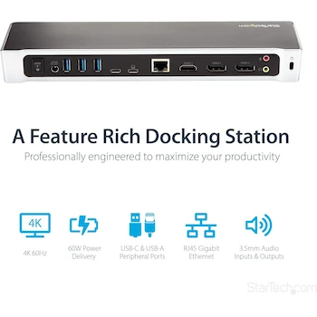 Imagen 3 de StarTech.com Estación de Acoplamiento USB-C Triple Monitor con HDMI y DisplayPort, Modelo DK30CH2DPPD, Color Negro y Gris Espacial, Capacidad Carga 60W, Dimensiones 26.9x8.1x3.3 cm, Serie TAA