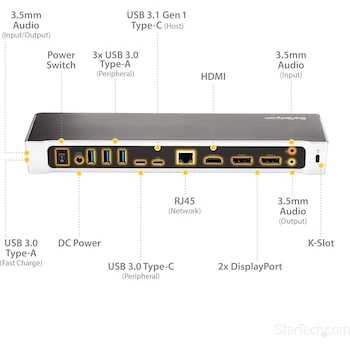 Imagen 5 de StarTech.com Estación de Acoplamiento USB-C Triple Monitor con HDMI y DisplayPort, Modelo DK30CH2DPPD, Color Negro y Gris Espacial, Capacidad Carga 60W, Dimensiones 26.9x8.1x3.3 cm, Serie TAA